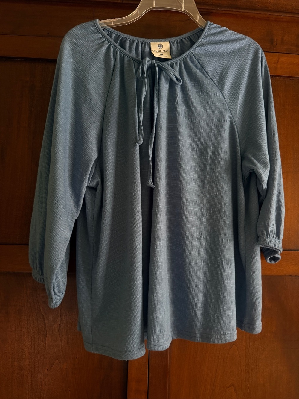 Laurie Felt Top SZ M Boho Tie Neck 3/4 sleeves Soft Gauzy look Texture Blouse